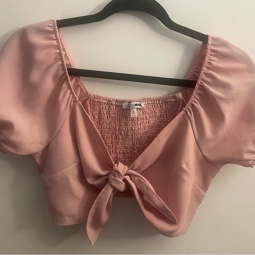 Pink Puff Sleeve Tie-Front Top